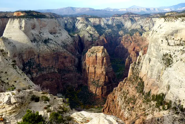 Angels Landing rising from the floor of Zion Canyon, seen from the Deertrap Mountain trail.
