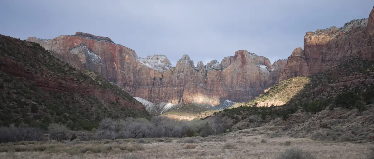 A dusting of spring snow on the Towers of the Virgin, Zion National Park.